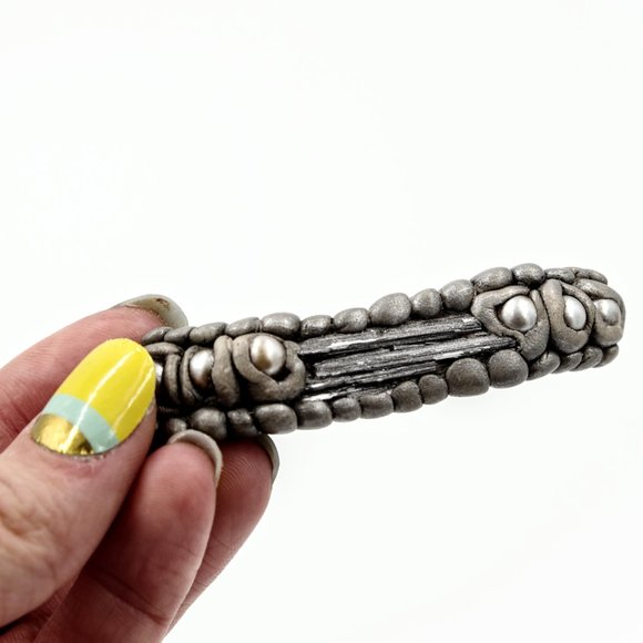 Pearl Hair Clip with Selenite, Hand Sculpted Polymer Clay - Picture 6 of 7